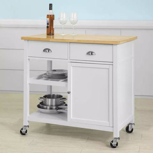 Antique white modern Kitchen Trolley with Solid Wood Top